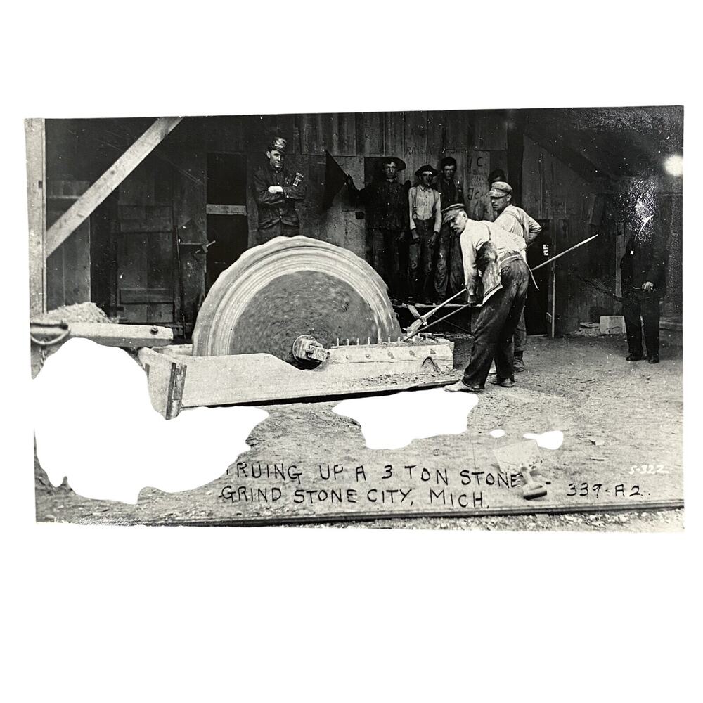 Vintage Grindstone City Michigan Truing 3 Ton Stone RPPC Real Photo B&W Postcard